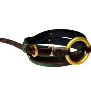 Cole Haan Calf Hair Snakeskin Embossed Leather Belt Green Brown Size Medium